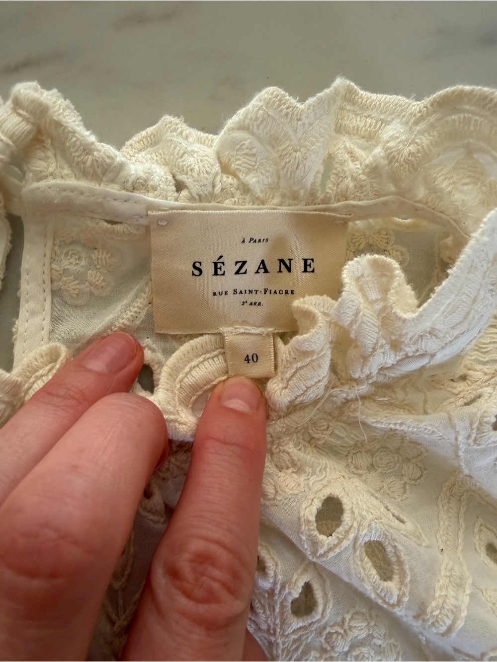 Sezane Cream Eyelet Ruffle-Neck Blouse - Picture 3 of 6